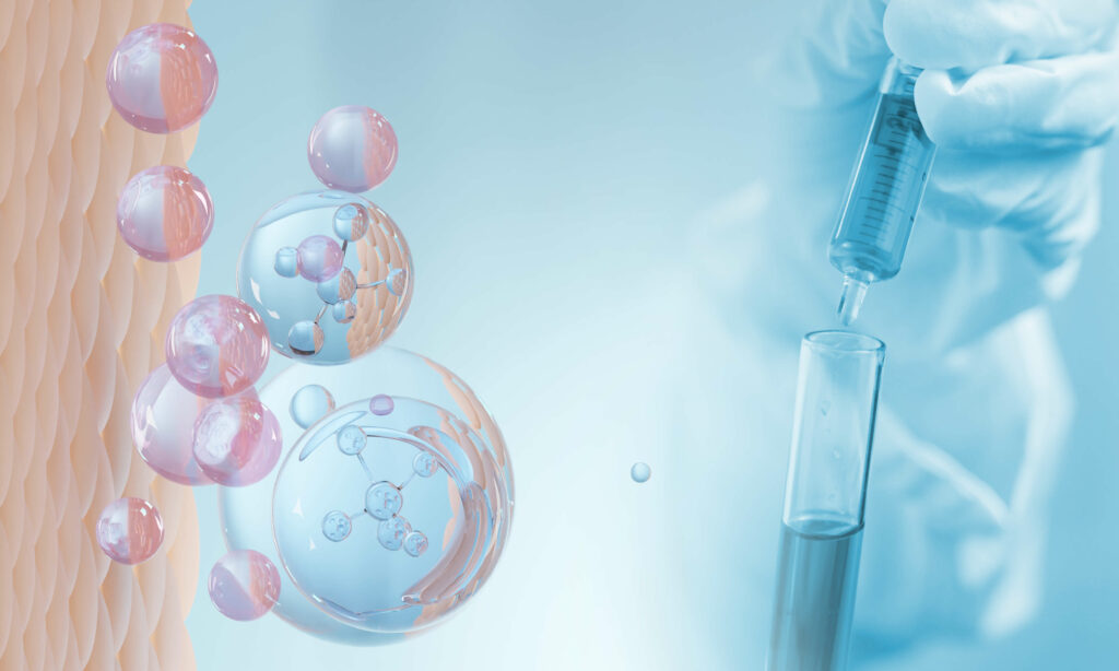 Abstract concept of a syringe and test tube with 3D molecules and skin layers, illustrating science or skincare innovation