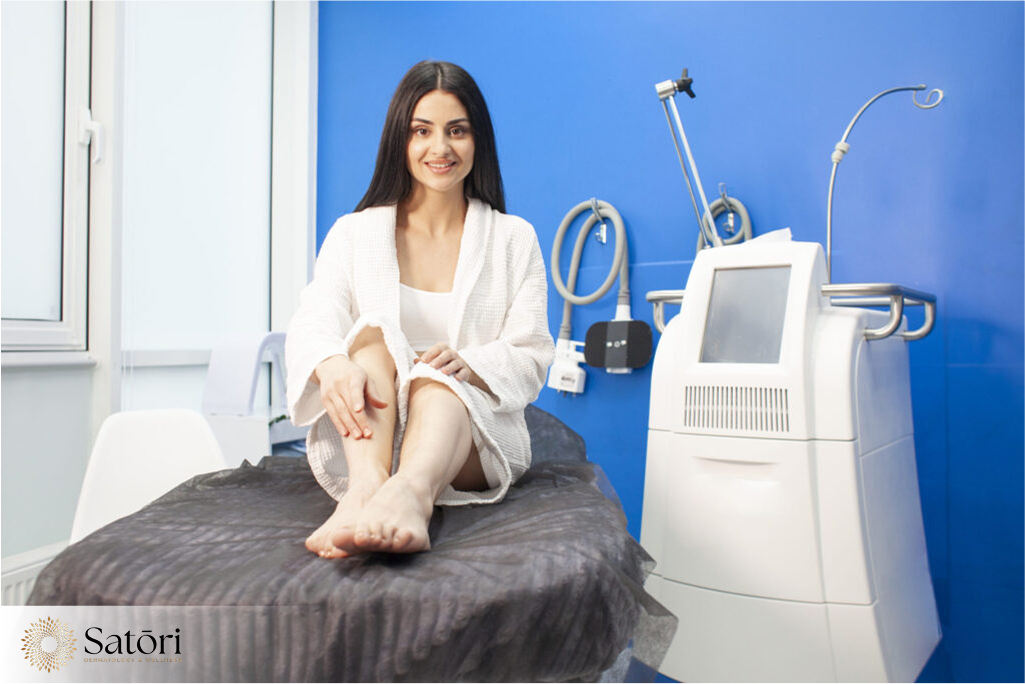 Woman sitting in dermatology clinic prepared for body sculpting treatment