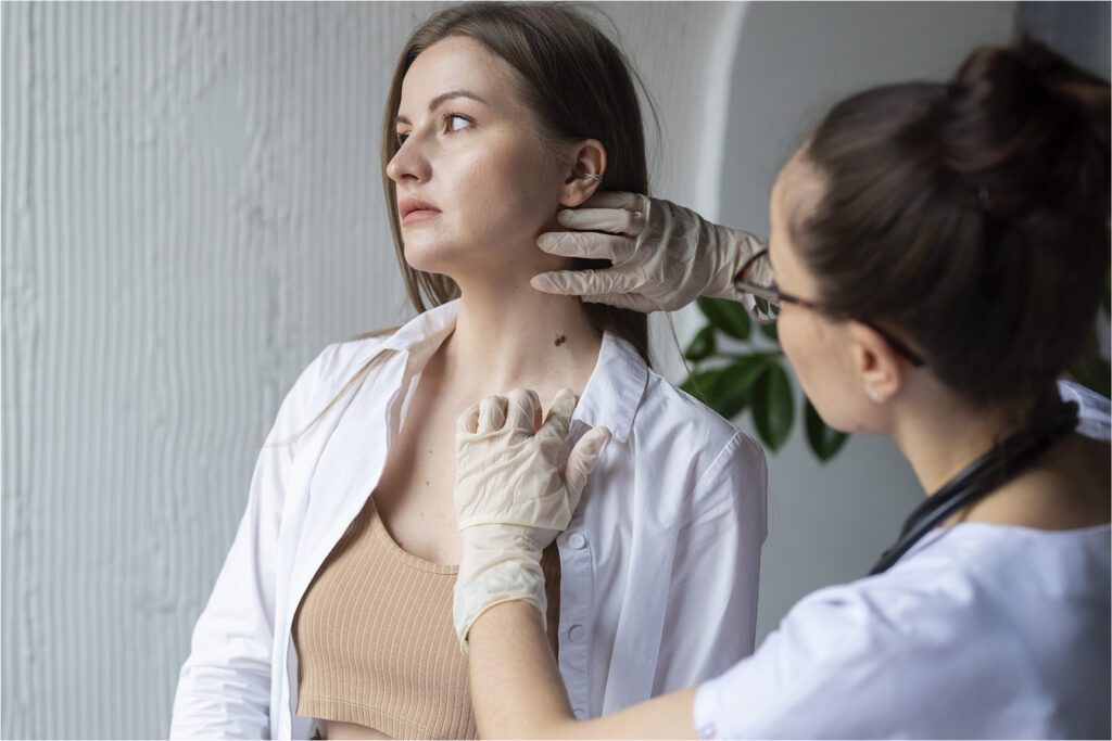 Woman undergoing professional derma treatment for wart removal