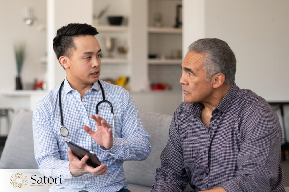 Man undergoing medical checkup for erectile dysfunction at a clinic.