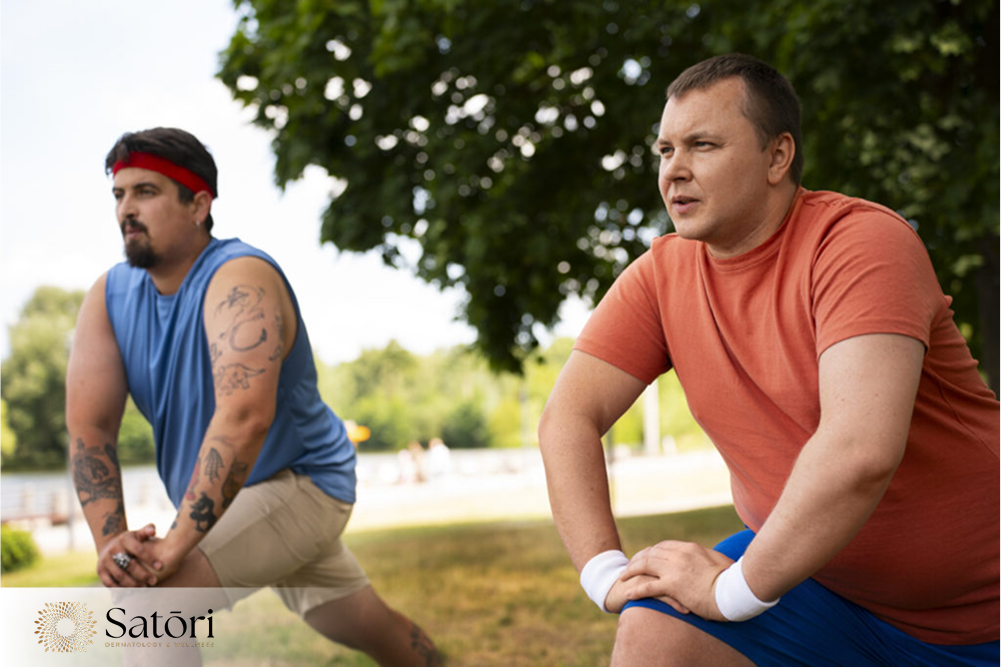 Two overweight men exercising outdoors to improve health and lose belly fat.