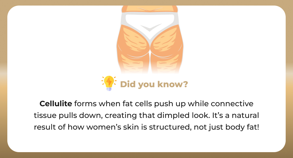 Did you know? Cellulite forms when fat cells push up while connective tissue pulls down—creating that dimpled look. It’s a natural result of how women’s skin is structured, not just body fat!" Background may include soft visuals or illustrations related to skin layers or body contour.