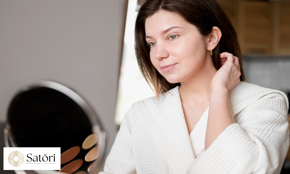 Woman in her 30s in a robe looking in mirror, starting her skincare routine.