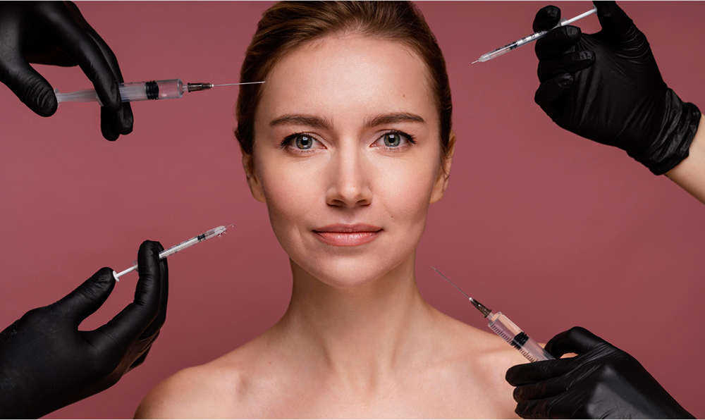 multiple hands with syringes from each corner injecting Botox into a smiling woman’s face