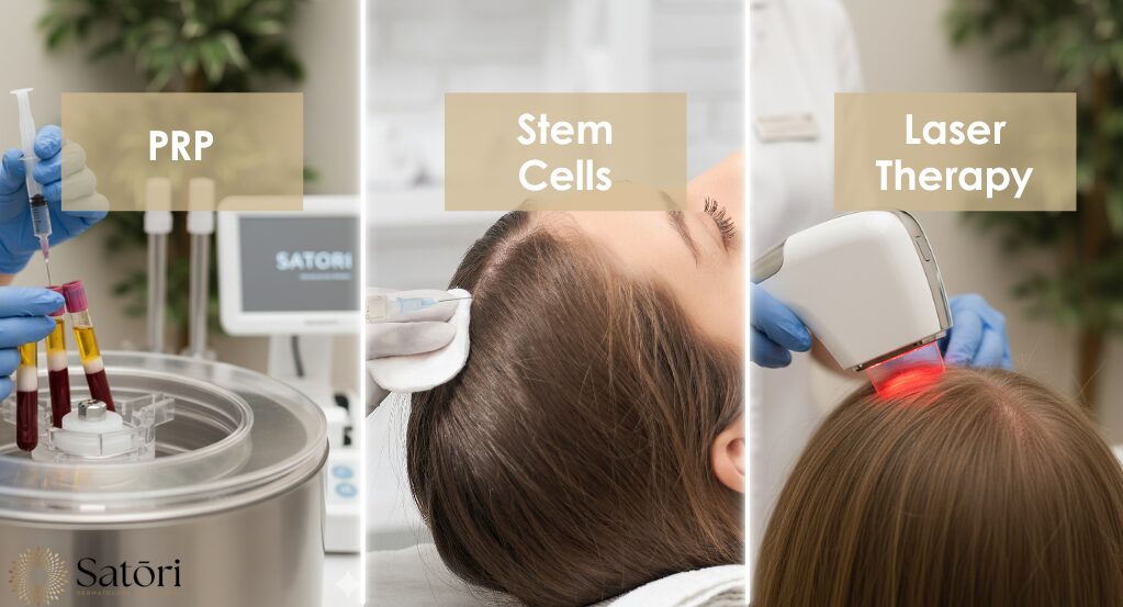 Three side-by-side photos showing PRP, stem cell therapy, and laser therapy for hair restoration
