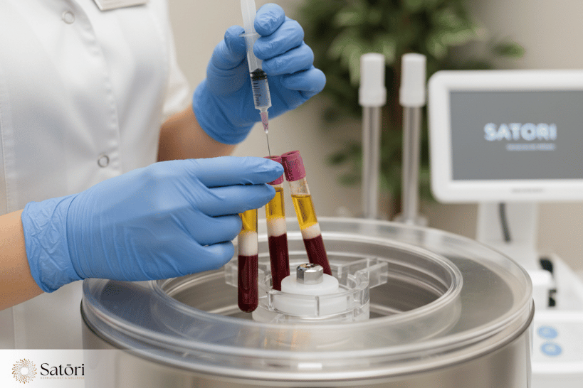 Centrifuge and test tubes prepared for platelet-rich plasma (PRP) therapy