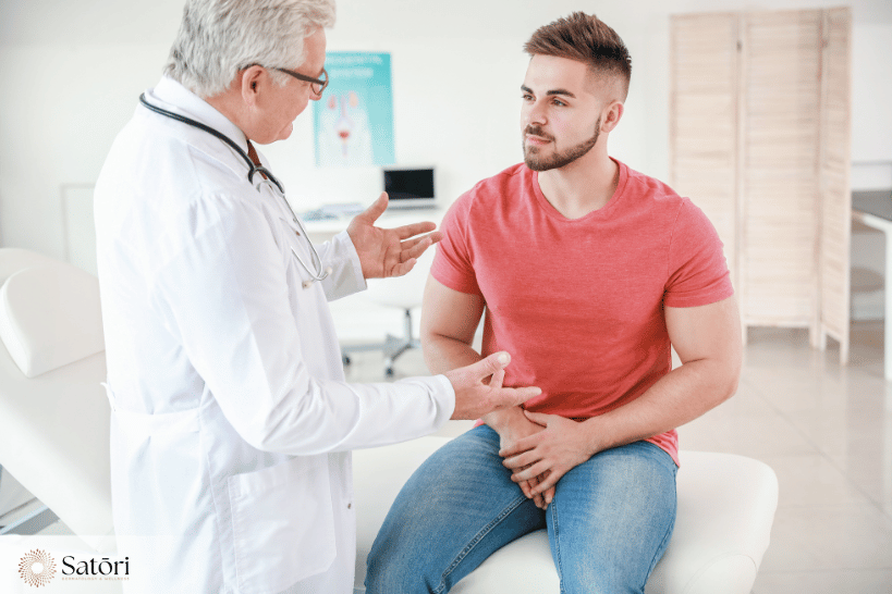 Man discussing erectile dysfunction stem cell therapy options with doctor in clinic