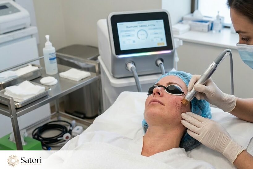 Clinician wearing gloves performs a Tixel facial skin resurfacing treatment on a patient with protective eye shields in a medical spa setting.