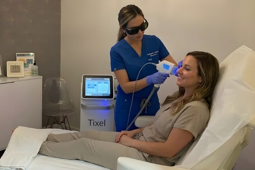 Provider in blue scrubs and protective glasses performs a Tixel facial laser treatment on a smiling patient reclined in a clinic chair.