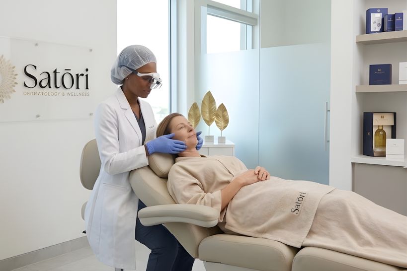 Provider at Satori Dermatology & Wellness performs a facial skin assessment on a patient reclining in a treatment chair in a bright, modern exam room.